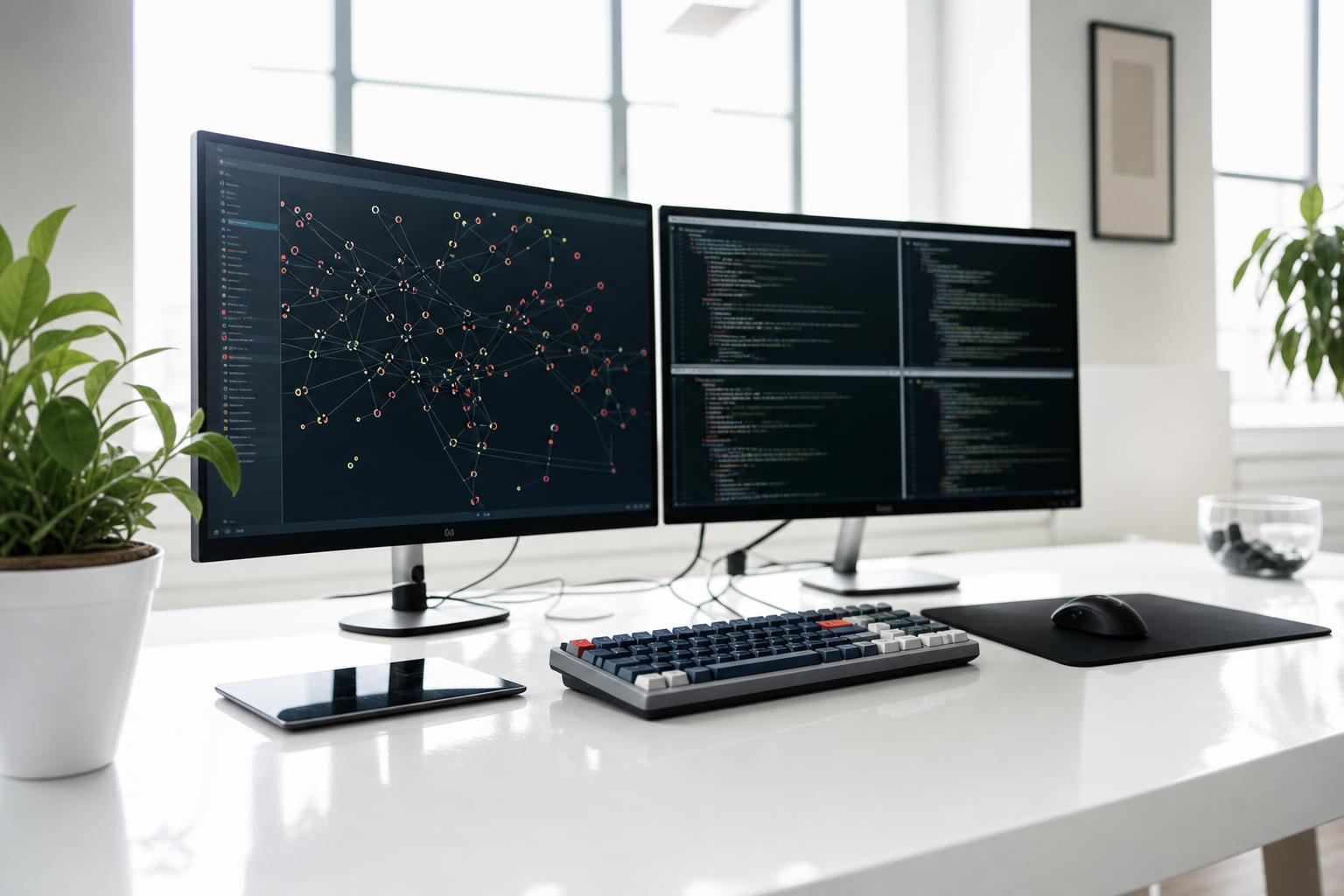 Poste de travail d'un consultant SEO affichant des graphes de réseau de liens